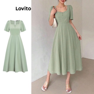 Lovito Elegante Liso Vestido Evasê Feminino com Botão L62ED168 (Verde)