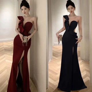 Hawlife Banquete Coreano Vermelho Preto Elegante Jantar De Baile De Finalistas Cocktail Split Maxi Vestido 42