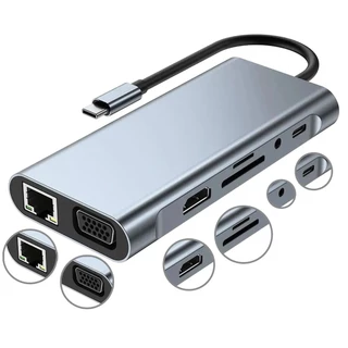 Hub Adaptador Multiportas 10 Em 1 Tipo C Hdmi Vga Sd Tf Ethernet Usb 3.0 4k Bk-c3