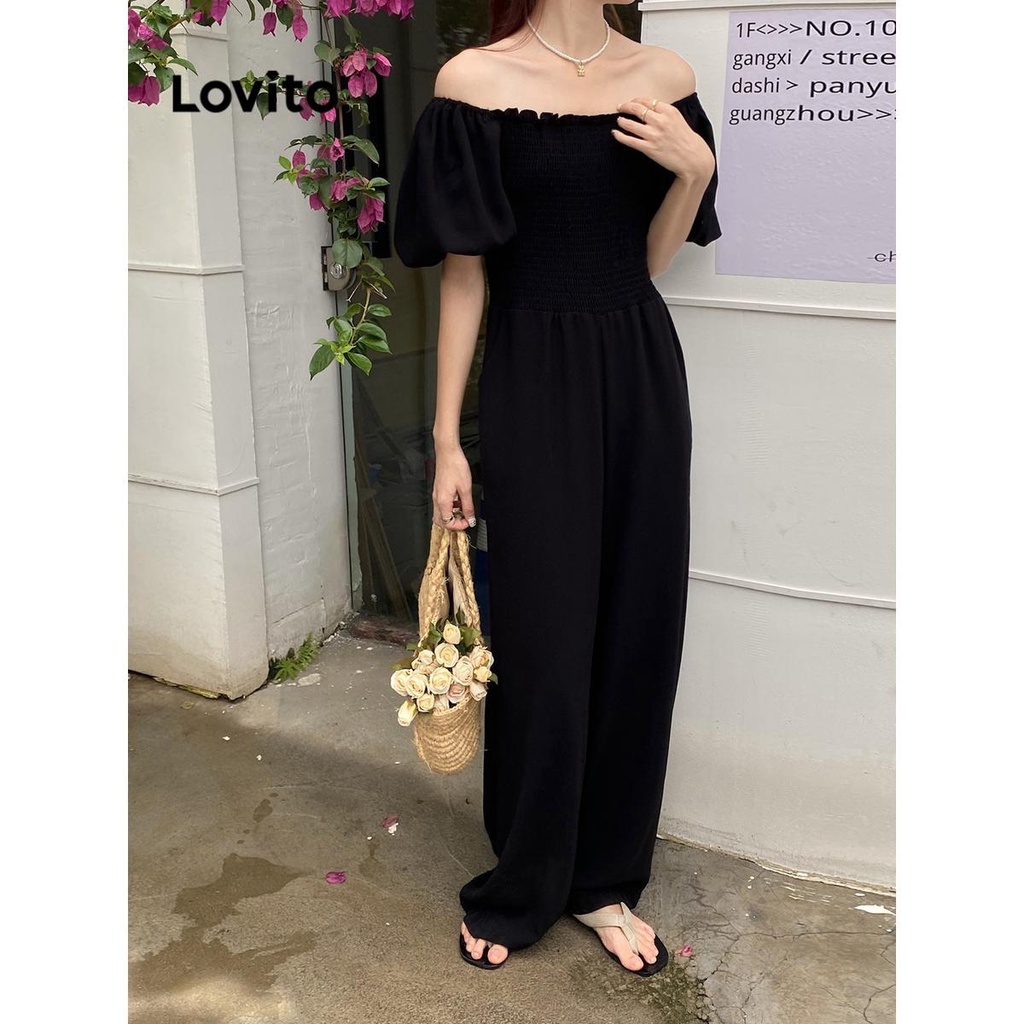 Lovito Macacão Casual Liso Com Bata Para Mulheres LNE37205 (Preto)