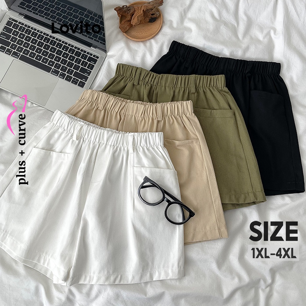 Lovito Shorts Femininos Plus Size Curvos Casuais Com Bolso Liso LNE38234 (Verde Exército/Cáqui Claro/Branco/Preto)