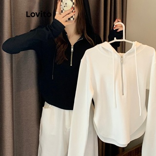 Lovito Casual Moletom Feminino Liso com Zíper e Cordão LNA29125 (Branco/Preto)