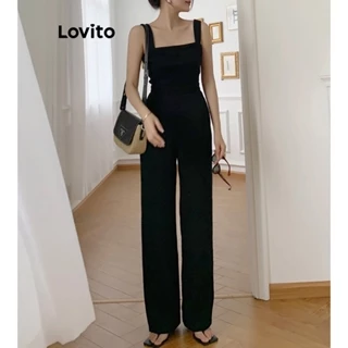 Lovito Macacão Básico Lisa para Mulheres LNE39485 (Preto)