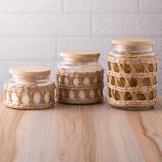 Kit 3 Porta Mantimentos 350ml 520ml E 750ml Com Tampa De Madeira Pote Vidro Com Sisal Cozinha Cantinho Do Café