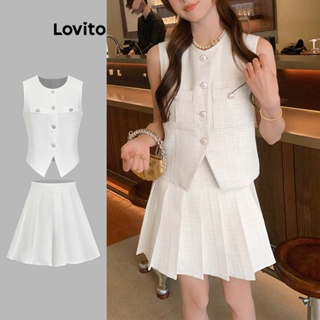 Lovito Conjunto De Saia Plissada Casual Com Botões Lisos Para Mulheres L73AD056