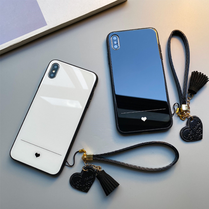 Caixa De Telefone Com Alça Xiaomi Mi 13 A2 11 Lite 10 Pro 5G NE 9 se A3 Preto Branco Padrão De Proteção De Vidro Duro Do Coração