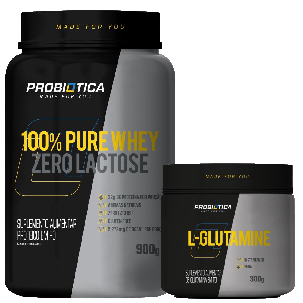 100% Pure Whey Zero Lactose 900g + Glutamina 300g Probiótica