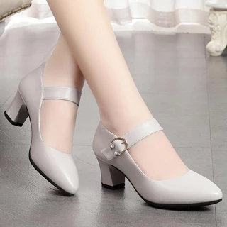 Sapatos De Verão Novos De Salto Grosso De Sola Macia De Uma Linha Fivela Alto Couro Da Moda Feminina