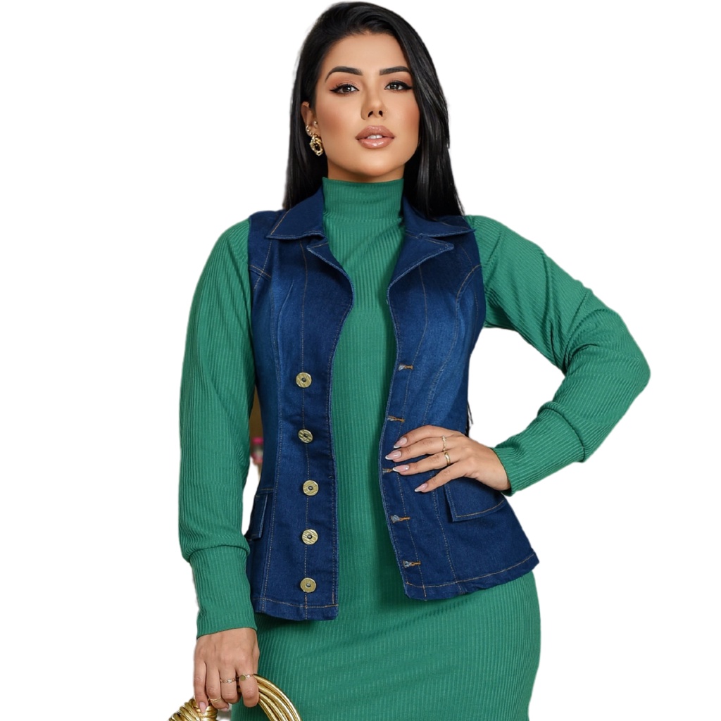 Colete Feminino Jeans Para Usar Com Vestidos Saias Calças Com