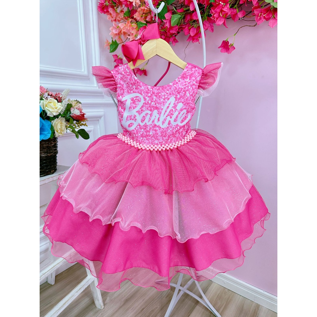 Vestido Infantil Barbie Princesa Rosa Chiclete com Cinto