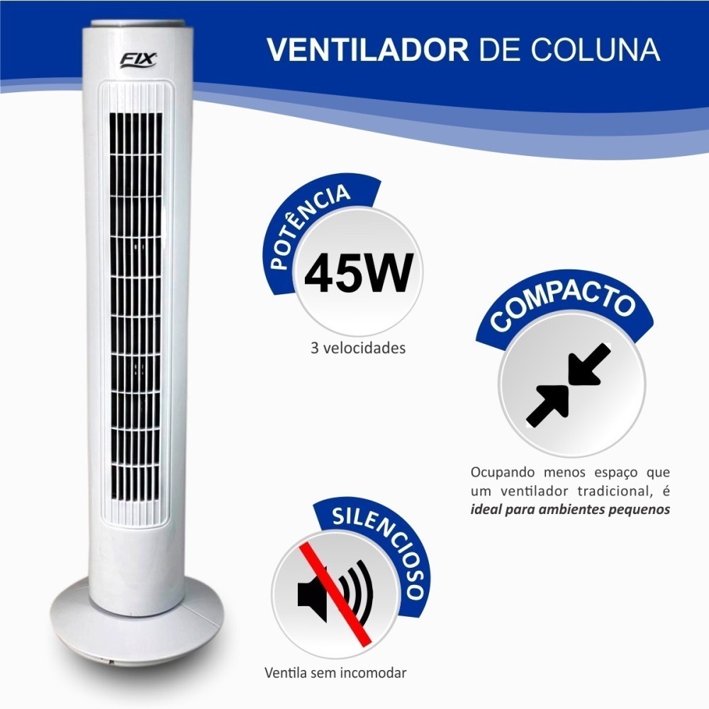 Circulador de Ar Elétrico Com 3 Velocidades 45W Leve e Silencioso Refrescante 110V e 220V Ventilador de Coluna Portátil Potente