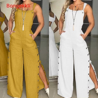 【 Bongekkkli 】 ~ Calça De Verão Feminina Sem Mangas Com Nó Torcido De Algodão Alças Aberturas De Botões De Calças Compridas Soltas Bolsos