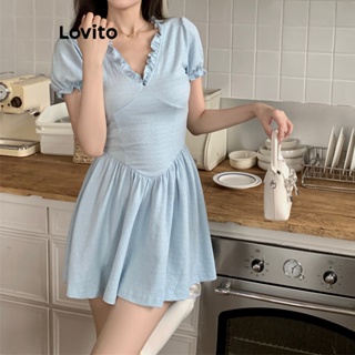 Lovito Vestido Casual Plissado Com Acabamento Em Alface Lisa Para Mulheres LNE41284