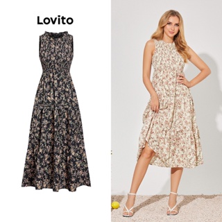 Lovito Vestido com Camadas e Estampa Floral para Mulheres LBE04085 (Amarelo Claro)