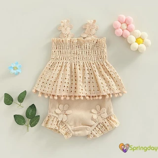 Conjunto De Verão Para Meninas Bebês Corte De Cor Sólida Pregueada E Calção De Rufos Esticados