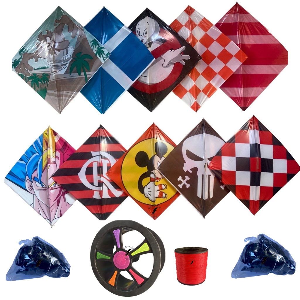 kit 10 pipa peixinho 10 rabiola carretilha e linha de nylon | Shopee Brasil