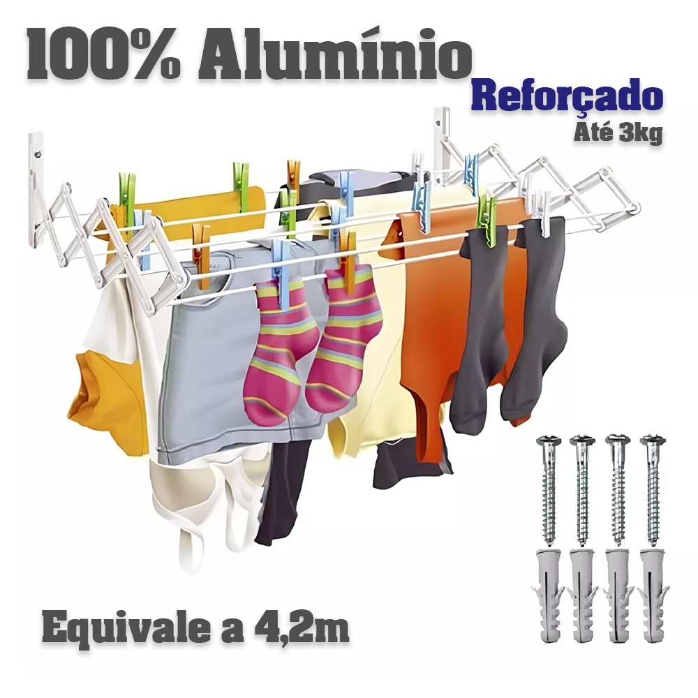 Varal Sanfonado Em Alumínio Retrátil Resistente Não Enferruja Reforçado 60cm