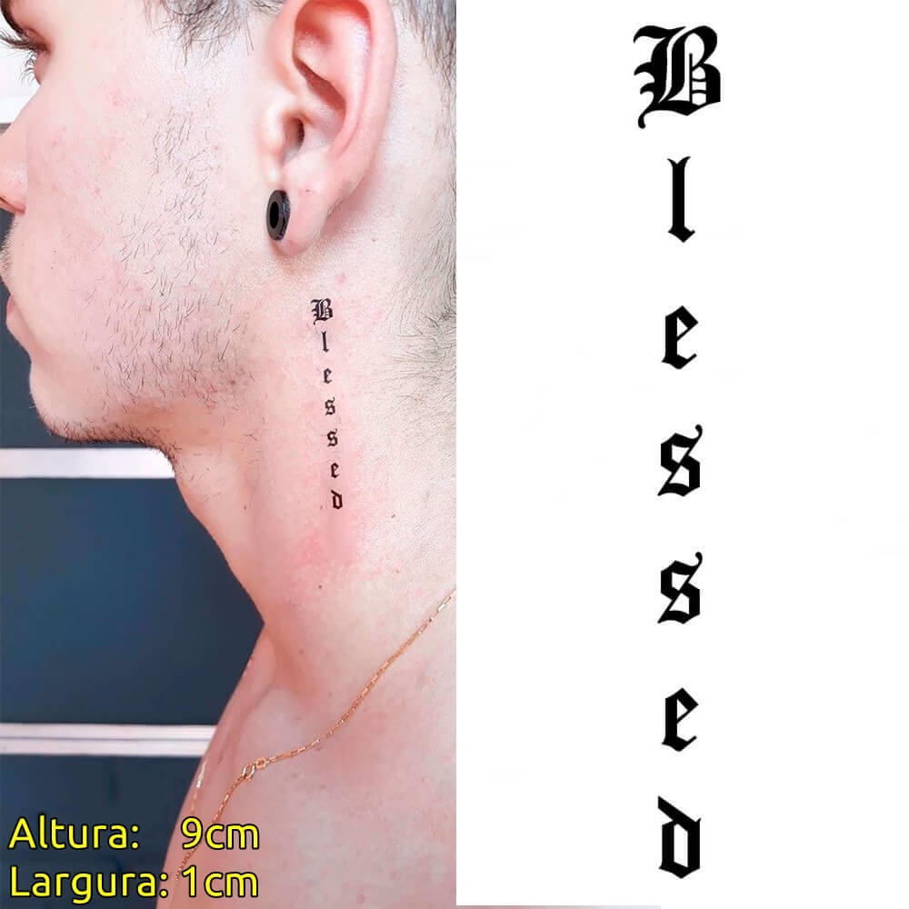 Tatuagem Temporária Blessed Abençoado 9x1 Pescoço 4 unidades