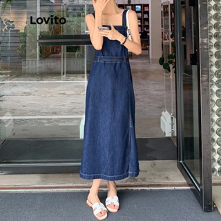 Lovito Vestido Midi A-Line Assimétrico sem Mangas com Detalhes de Fenda para Mulheres LNE09221 (Azul)