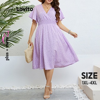 Lovito Vestido Elegante De Bolinhas Franzidas Plus Size Para Mulheres LNE31031 (Roxo)
