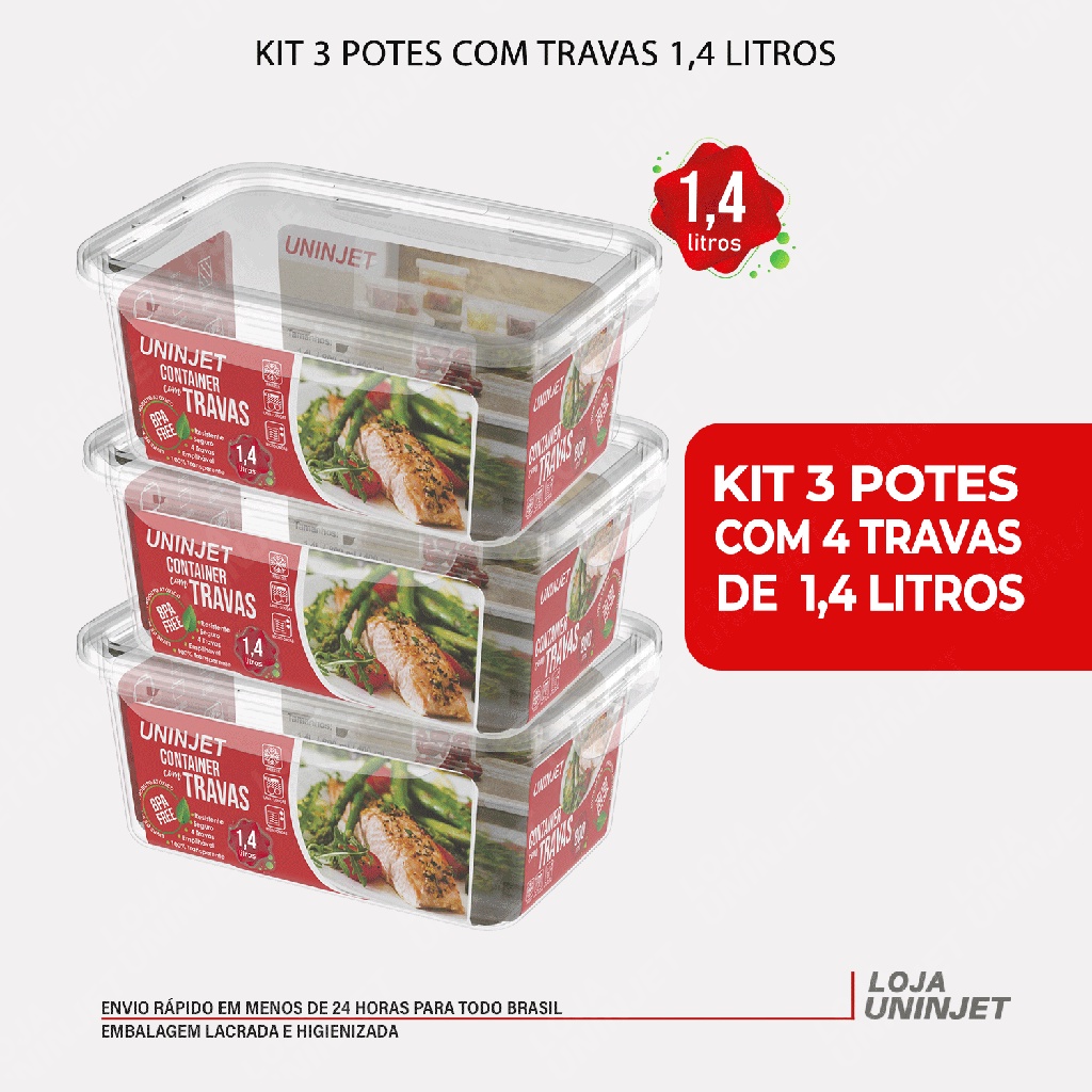 Kit Marmitas Fitness 1,4 litros Potes Plásticos com Trava