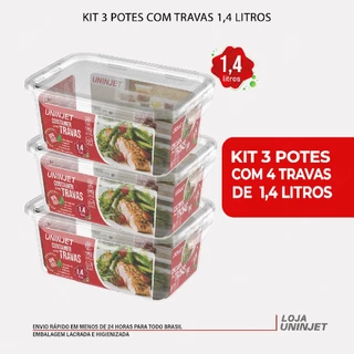 Kit Marmitas Fitness 1,4 litros Potes Plásticos com Trava