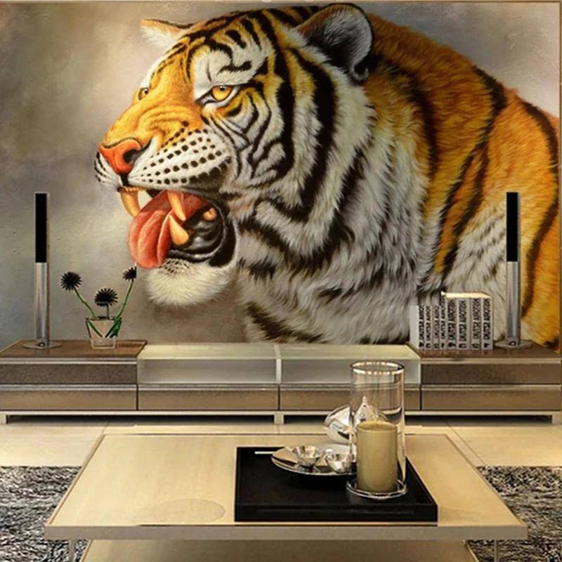 Papel de parede personalizado 3D retrô tigre animal murais sala de estar TV  quarto decoração casa clássica papel de parede 3D 120 cm (L) × 80 cm (A)