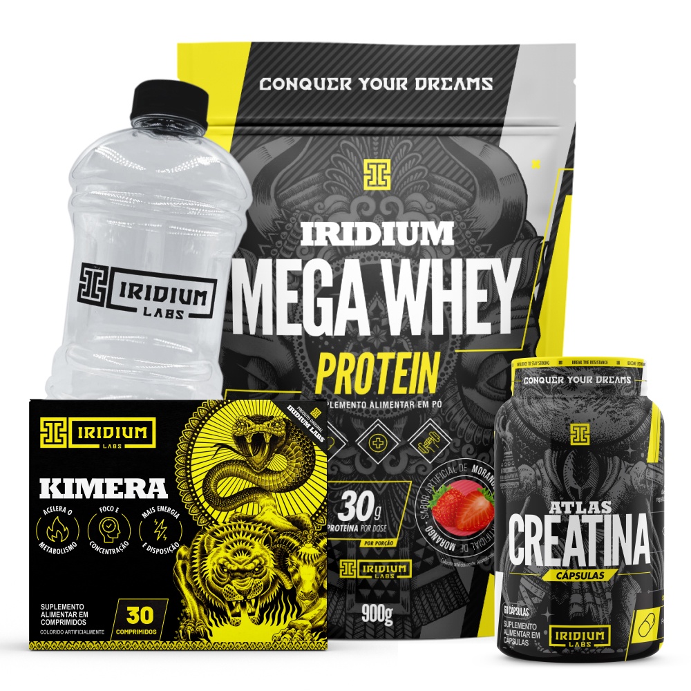 Mega Whey + Kimera Thermo 30 Comps + Atlas Creatina 60 Cáps + Galão Cristal 1L