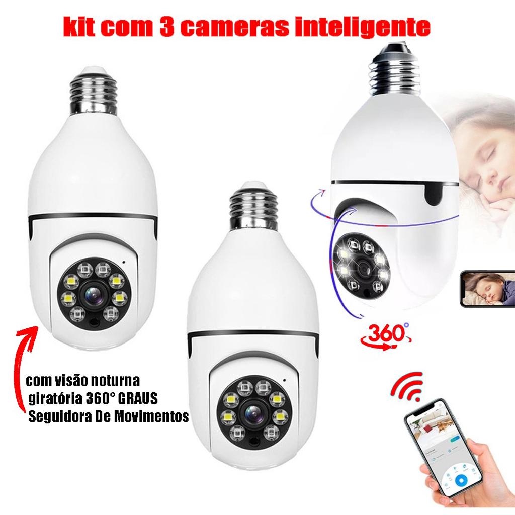 3 Câmeras Lâmpada Wifi sem fio Inteligente giratória 360° Seguidora De Movimentos Visão Noturna Full HD