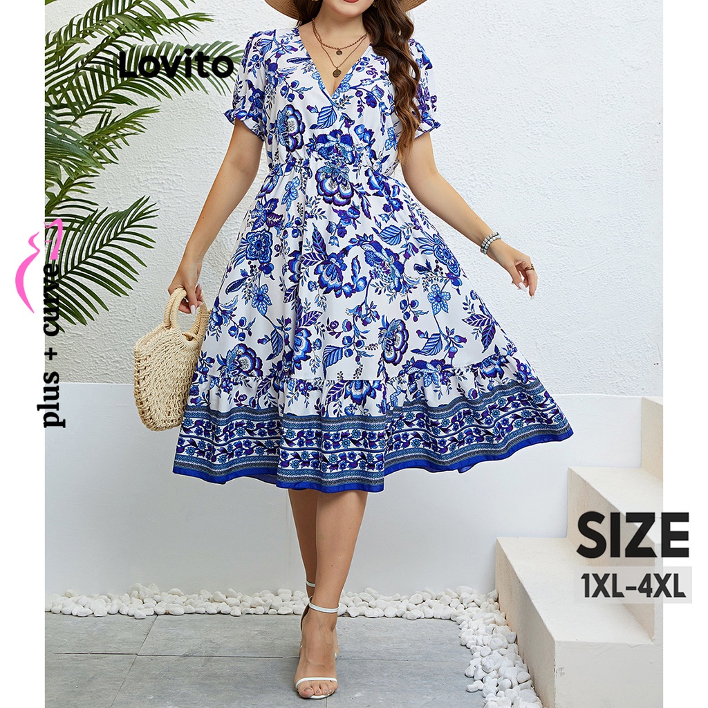 Lovito Vestido Plus Size Curvo Elegante Com Flores Tropicais E Camada Dupla Para Mulheres LNL37032 (Azul)