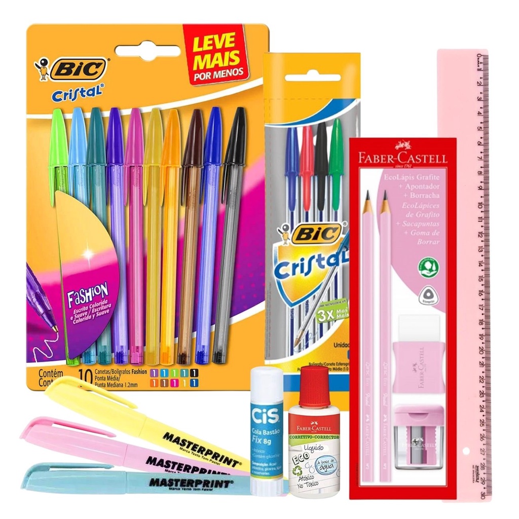 Kit Material Escolar Voltas Aulas Escrita 19 itens Caneta Borracha  Corretivo Lápis Cola Marca-Texto Régua Bic Mercur - Loja Kento - Papelaria,  material para escritório e informática.