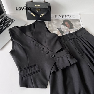 Lovito Casual Regata Lisa com Botões para Mulheres LNA21169 (Preto)