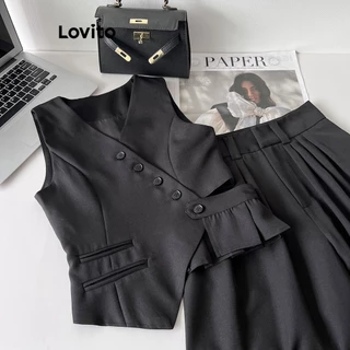 Lovito Casual Regata Lisa com Botões para Mulheres LNA21169 (Preto)