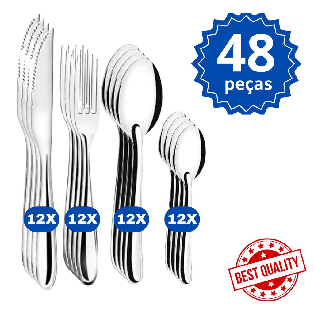 Jogo de Talher Inox 48 peças com 12 Colheres, 12 Garfos, 12 Facas e 12 ...