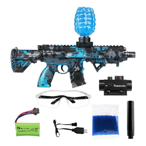 Rifle Elétrico Orbeez M416 1438A Leão Camuflado Azul Com 10 Mil Bolinhas Em Gel, Silenciador, Óculos, Mira Não-Funcional, Bateria E Carregador