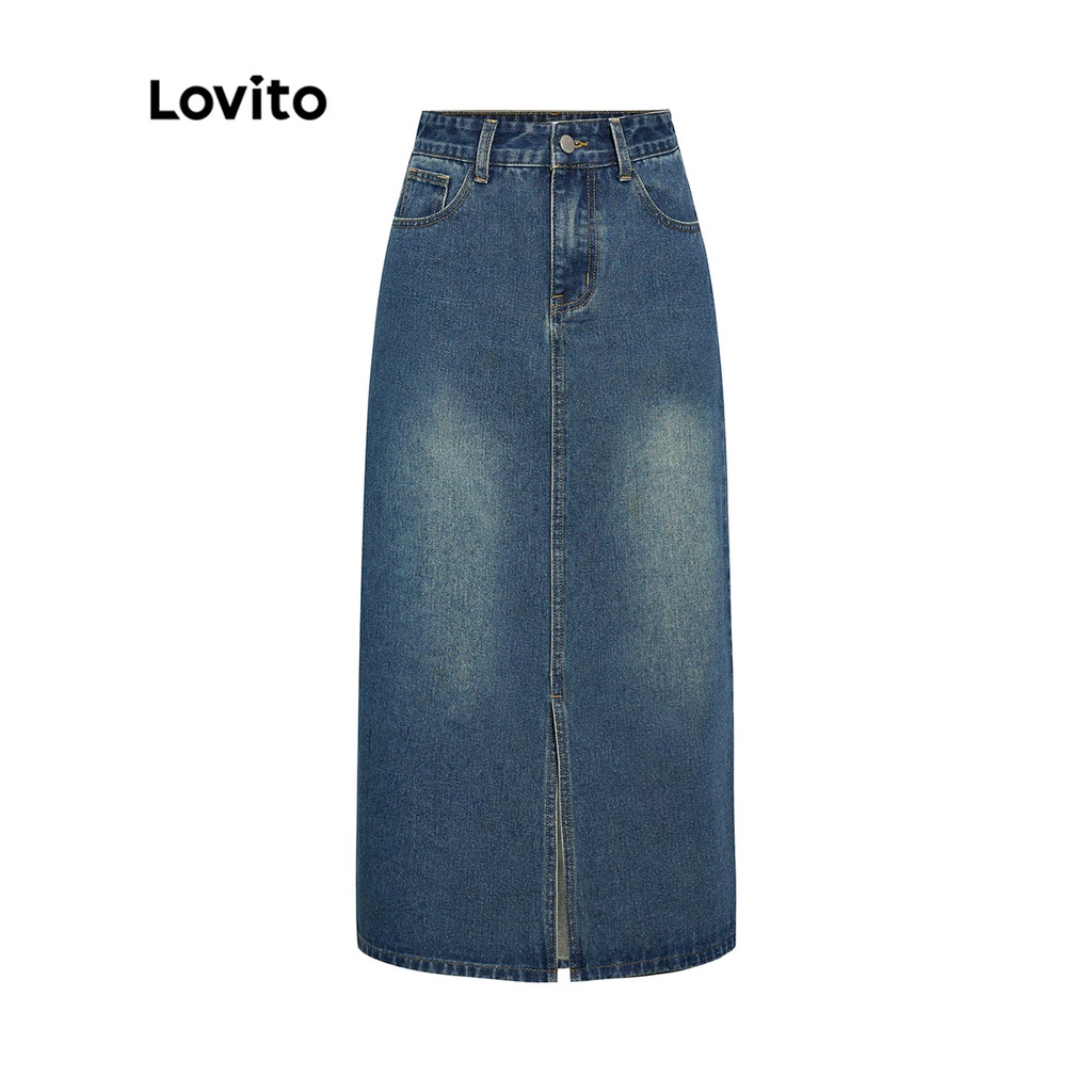 Lovito Casual Liso Lavado Midi Mulher Saia De Ganga L39Ad079 (Azul)