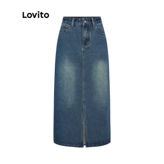 Lovito Casual Liso Lavado Midi Mulher Saia De Ganga L39Ad079 (Azul)