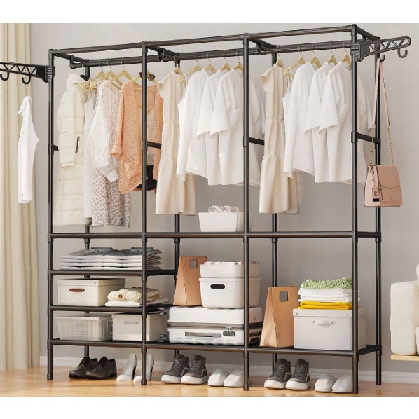 Guarda Roupa Portátil Arara Multifuncional Desmontável Organizador Estrutura de Aço 3 compartimentos