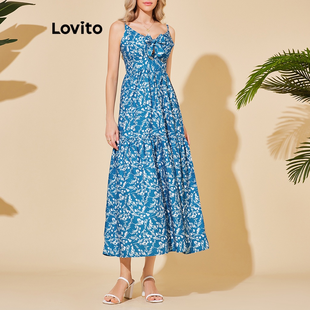 Lovito Vestido Boho Ditsy Floral Com Flores E Laço Frontal Para Mulheres LBL06019 (Azul)