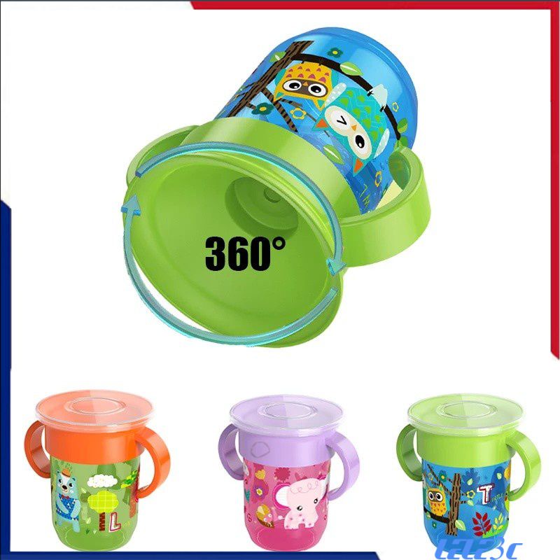 Copo giratório 360 para aprendizagem do bebê, com alça dupla, tampa articulada para crianças, copos de água à prova de vazamento, copo de treinamento para beber, copo para crianças 【LELE】