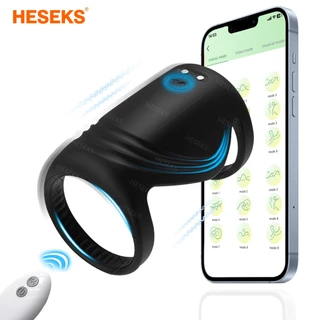 HESEKS Anel Peniano Em Silicone Com 10 Modos De Vibração Anel Duplo Bloquear Sêmen Vibrador Pênis Masculino De Controle Remoto APP Para Homens