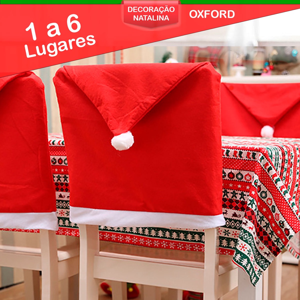 Capas para Cadeiras Capa de Cadeira de Natal Vermelho - Para 4 Lugares e 6 Mesa de Jantar Forro Natalina Gorro Encosto Papai Noel