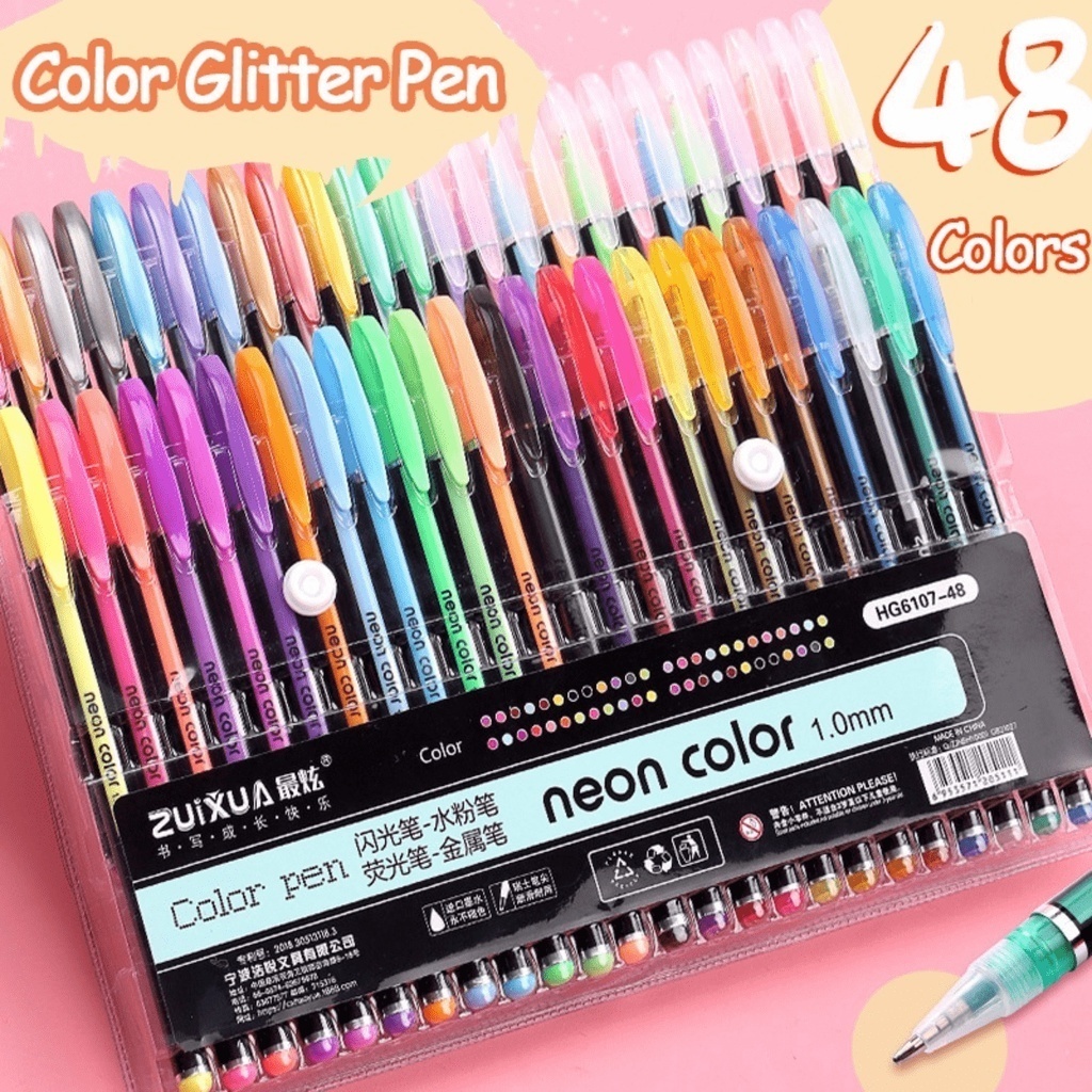 Kit com 12/24/36/48 Cores Caneta Gel ColorGel Tinta Glitter Pastel Neon Metal Escolar