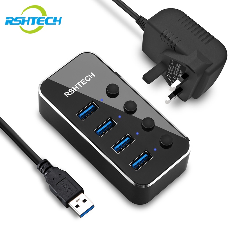 RSHTECH R516 Hub USB Alimentado 4 Portas C Para 3.0 Expansor De Alumínio USB3.0 Hubs Splitter Portátil Com Adaptador AC De 5V E Interruptores Individuais on/Off