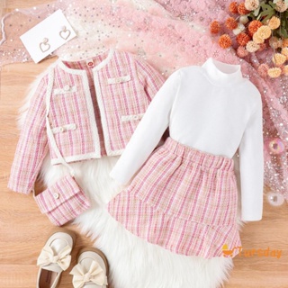 Terça-Feira-4-7 Anos Casaco De Manga Comprida Tweed Girl + Tops + Mini Saia + Conjunto De Bolsas