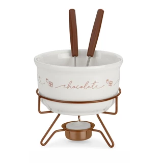 Conjunto Aparelho De Fondue Chocolate Porcelana Casal 5 Peças Doce Frutas Cerâmica Alto Padrão Qualidade Forma Inox