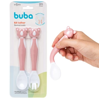 Conjunto Talheres Bebê Flexível Coala Rosa Introdução Alimentar 16237 Buba