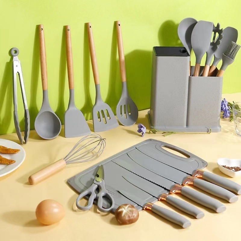 Kit Completo Jogo Utensílios de Cozinha Luxo 19 Peças Com Tábua em Silicone Espátula Faca Tesoura 1