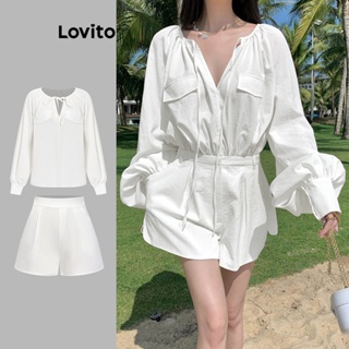 Lovito Conjunto Casual De Shorts De Bolso Falso Com Renda Lisa Para Mulheres L74ED282