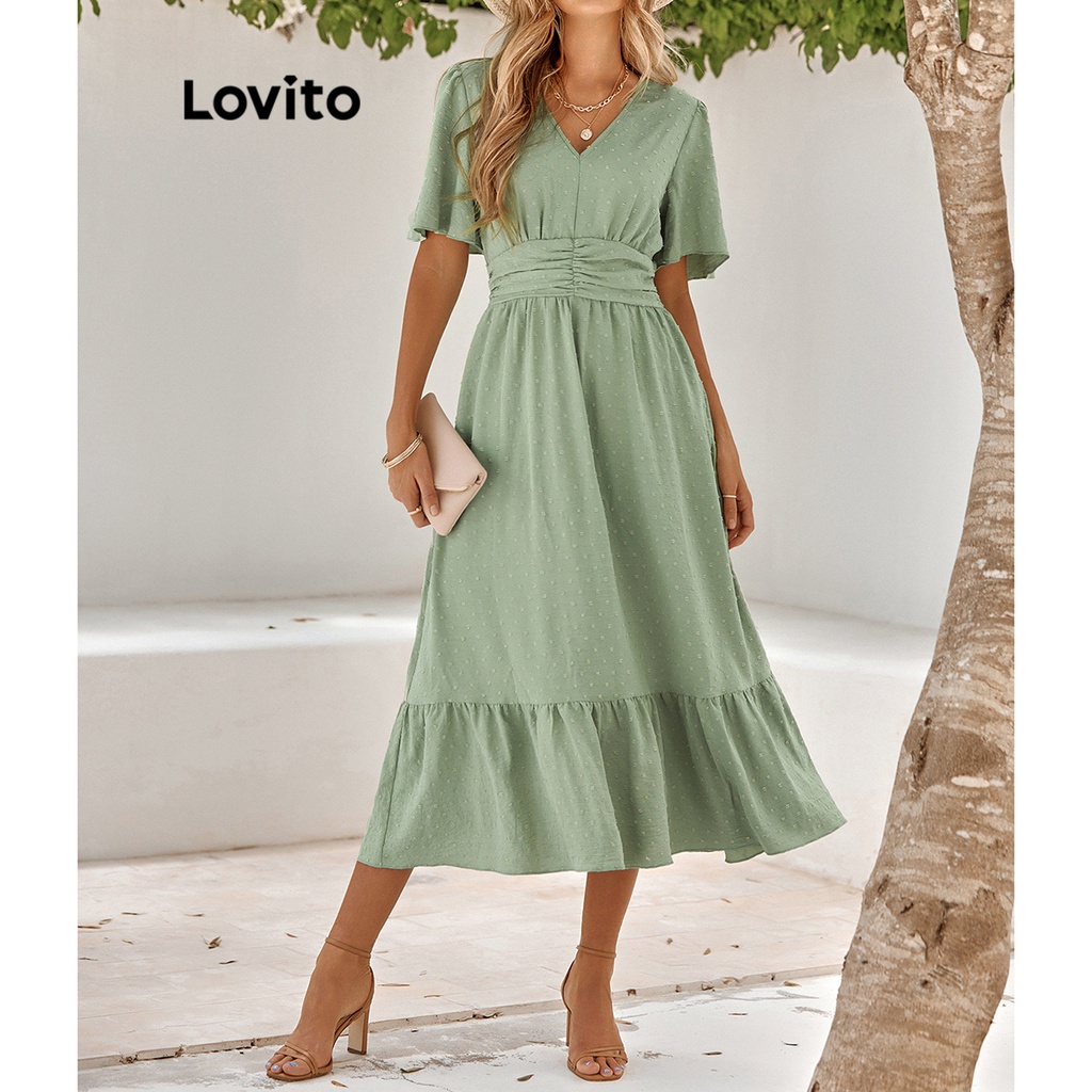 Lovito Vestido Boho Liso Com Babados Para Mulheres LNL36142 (Damasco/Vermelho Laranja/Verde Claro)